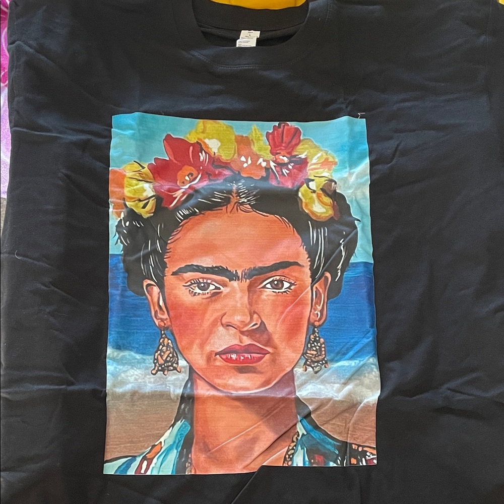 Frida kahlo Black Graphic Tee with Colorful Portrait by zero